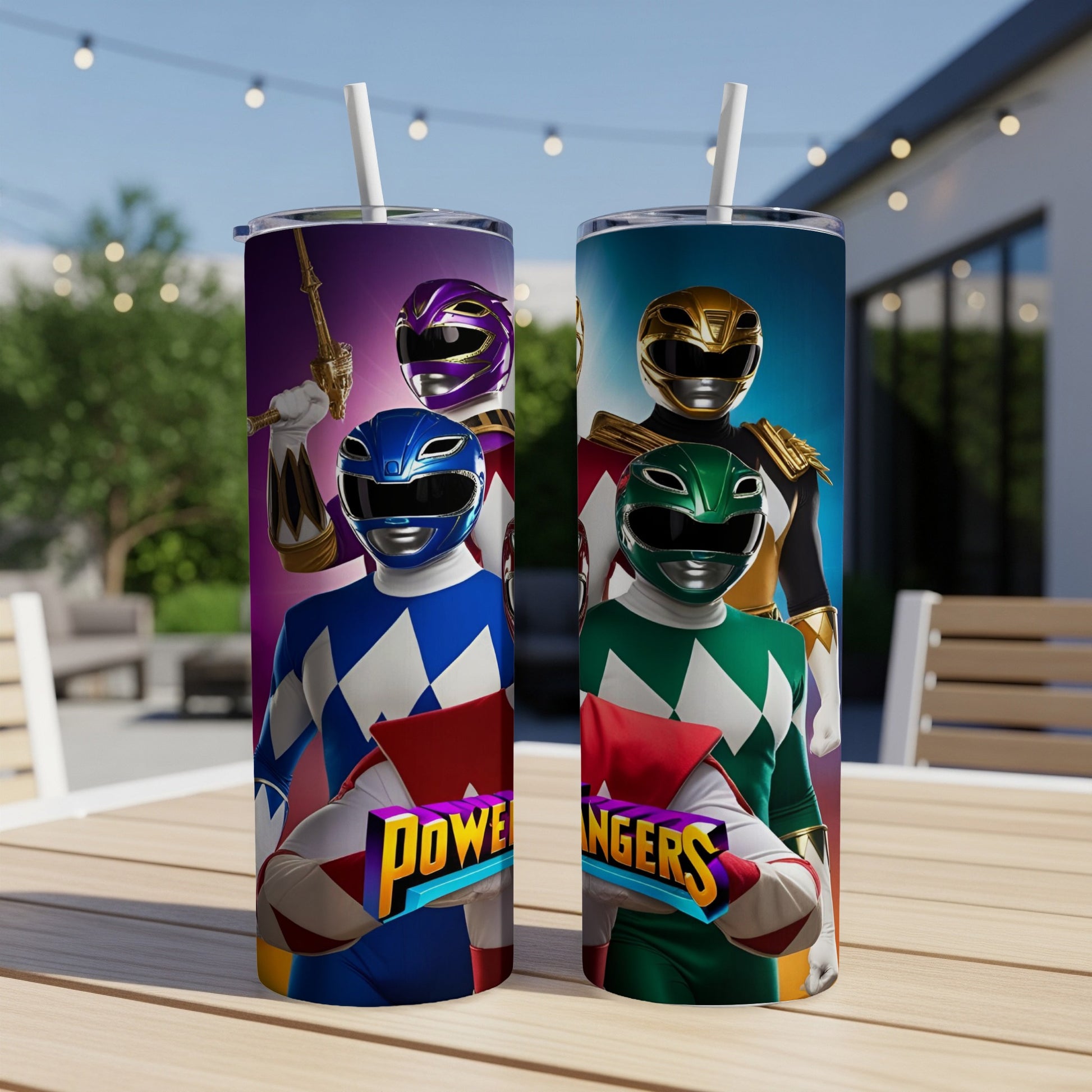 Power Rangers blue and green rangers holding weapons on tumblers.