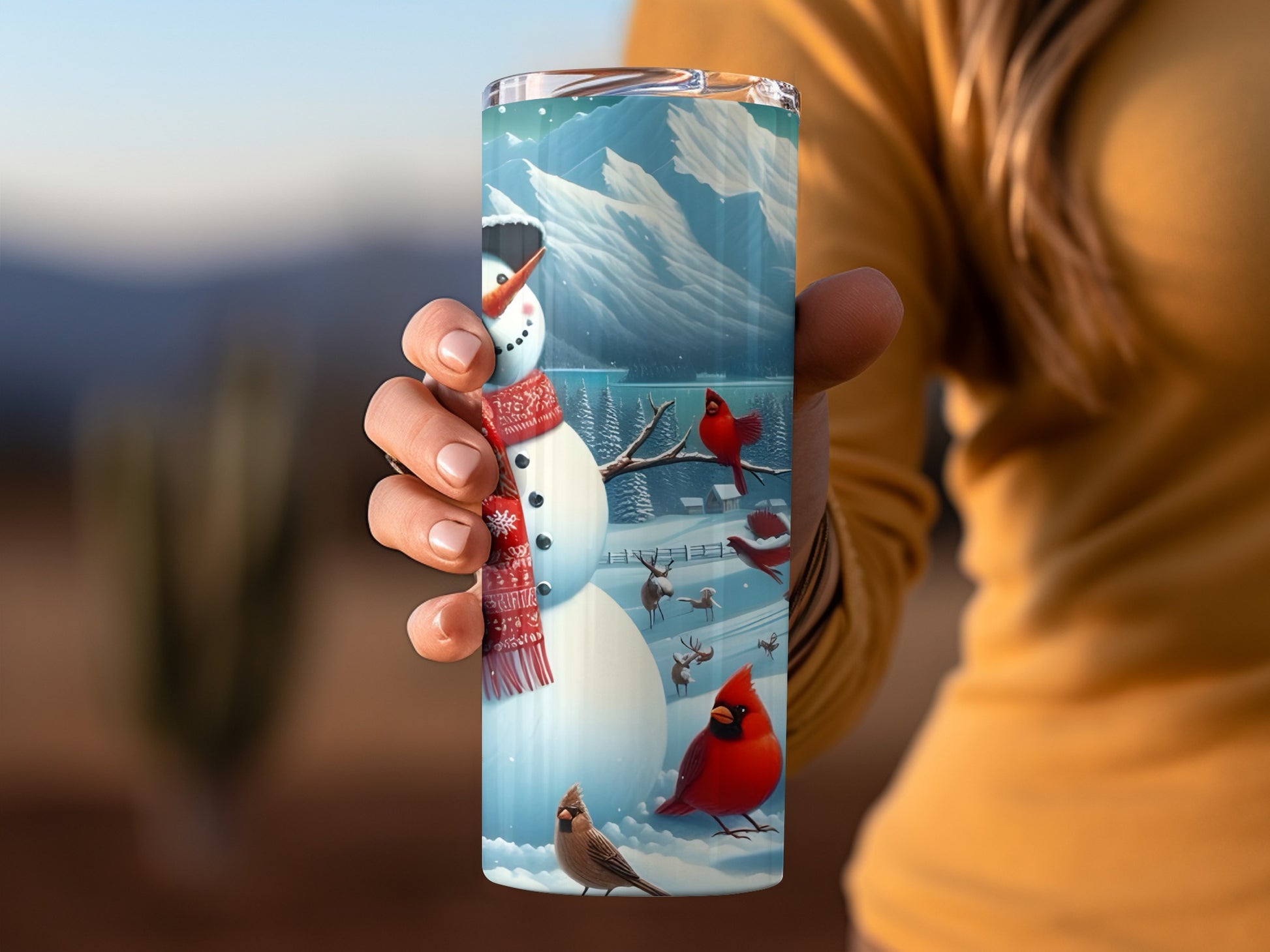 Festive Snowman and Red Cardinals in Winter Scene Cup