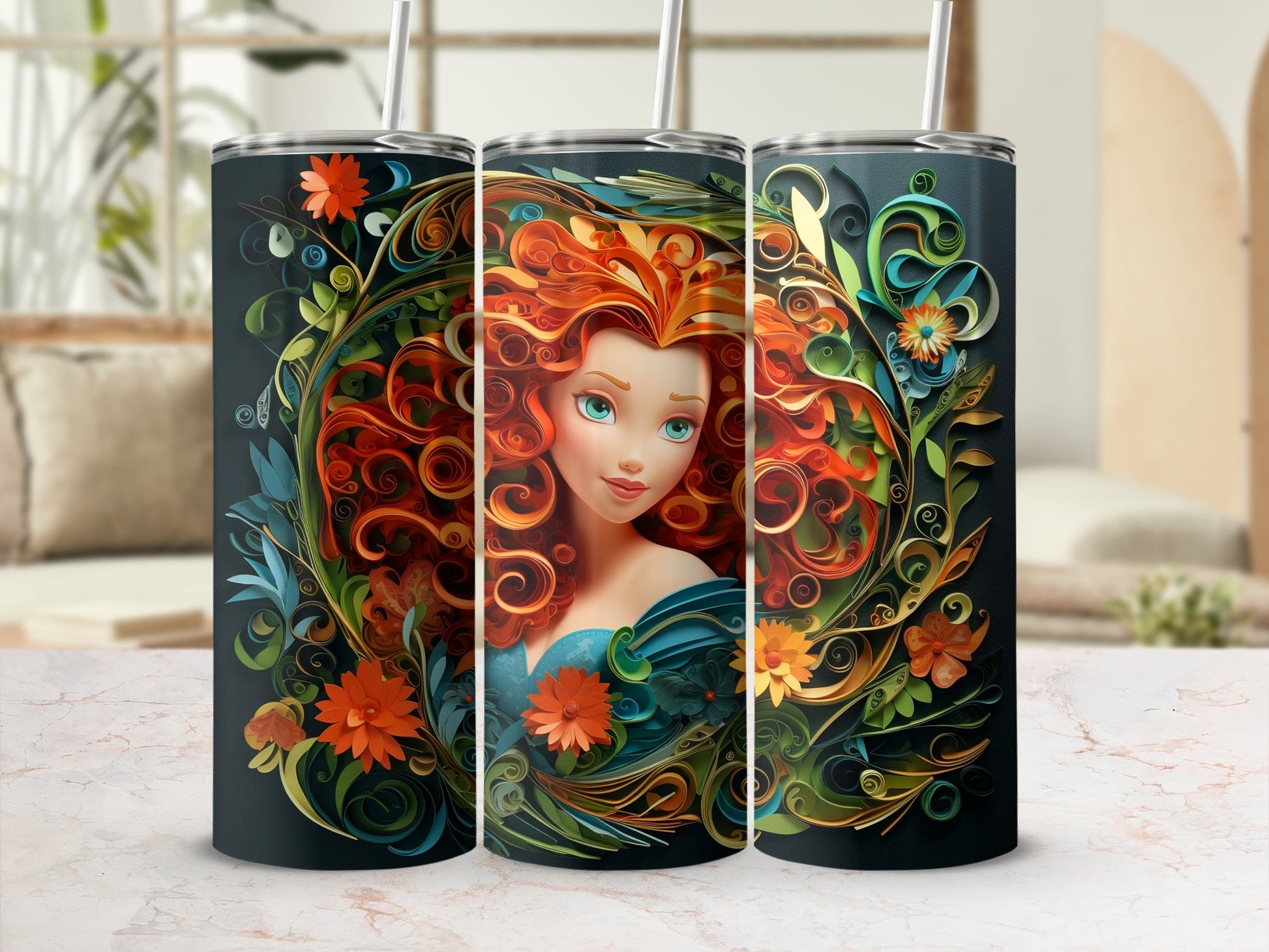 Vibrant Floral Design Tumbler with Whimsical Art