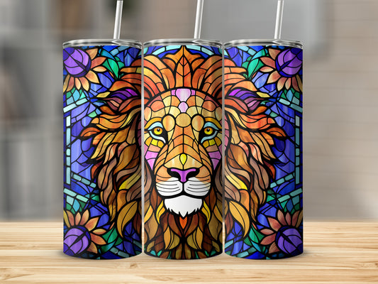 Three tumblers featuring a colorful stained-glass lion design.