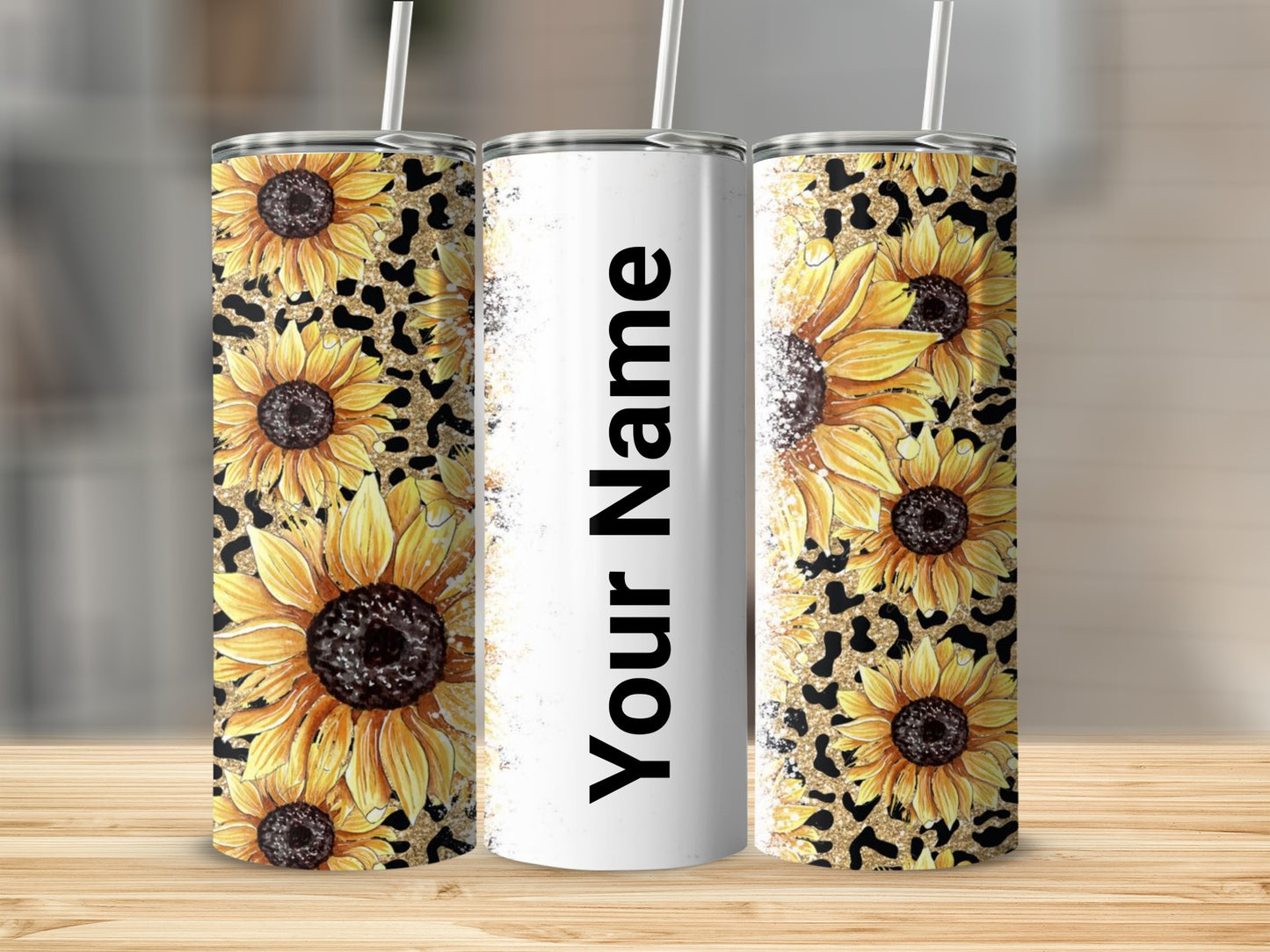 Sunflower and Leopard Custom Name Skinny Tumbler
