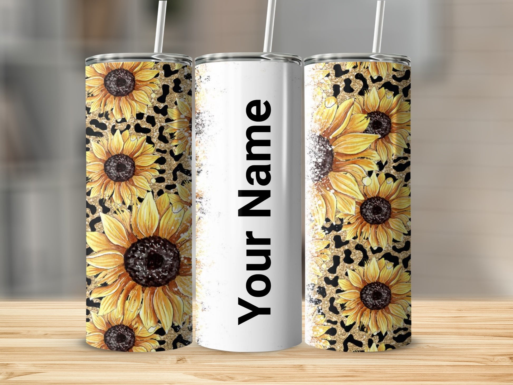 Sunflower and Leopard Custom Name Skinny Tumbler