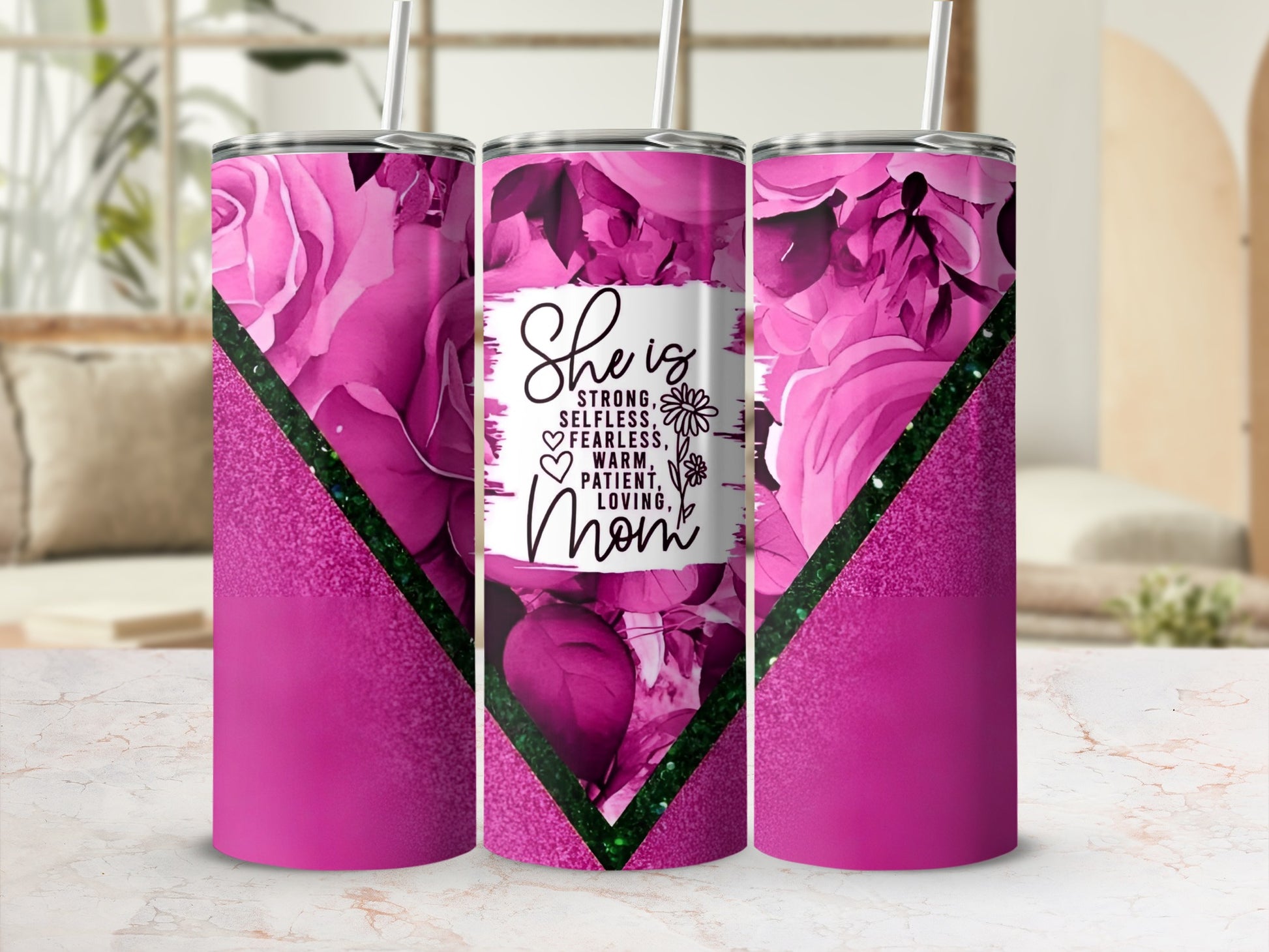 She is Strong Selfless Fearless Loving Mom tumbler