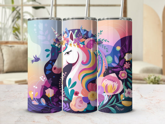 Three tumblers featuring a colorful unicorn with flowers and a bird design.