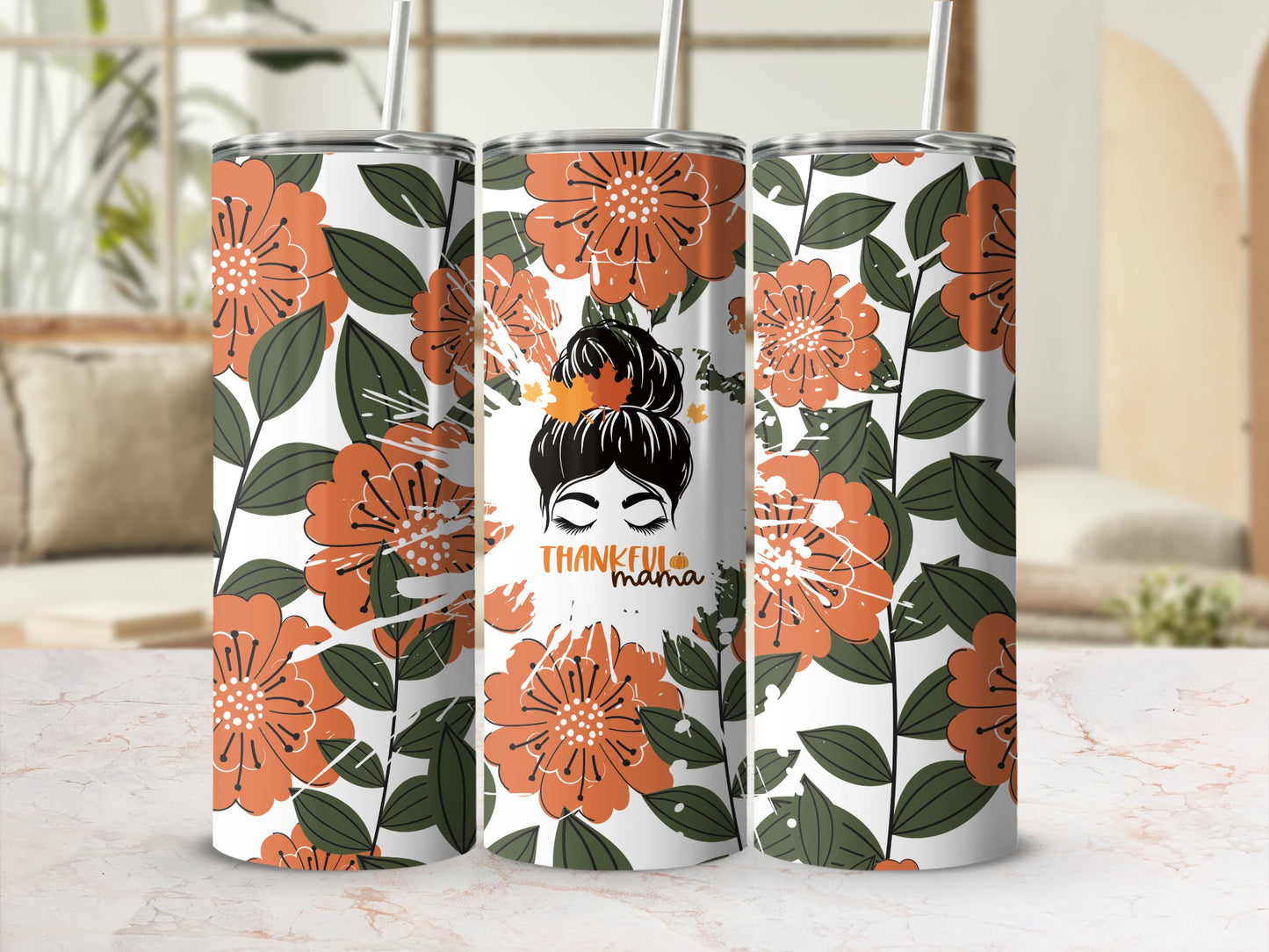 Thankful Mama Floral Design Pattern Tumbler Cup