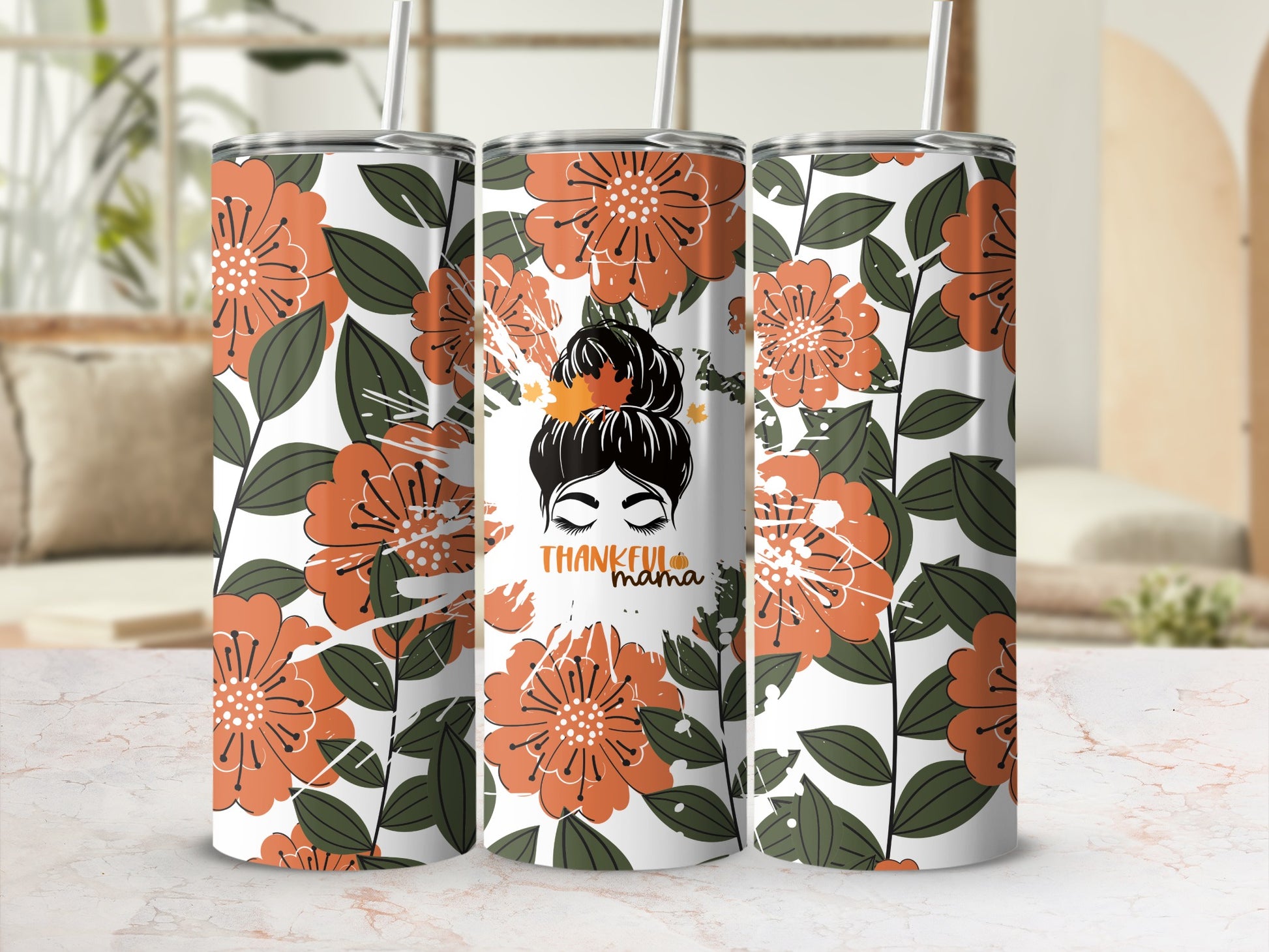 Thankful Mama Floral Design Pattern Tumbler Cup