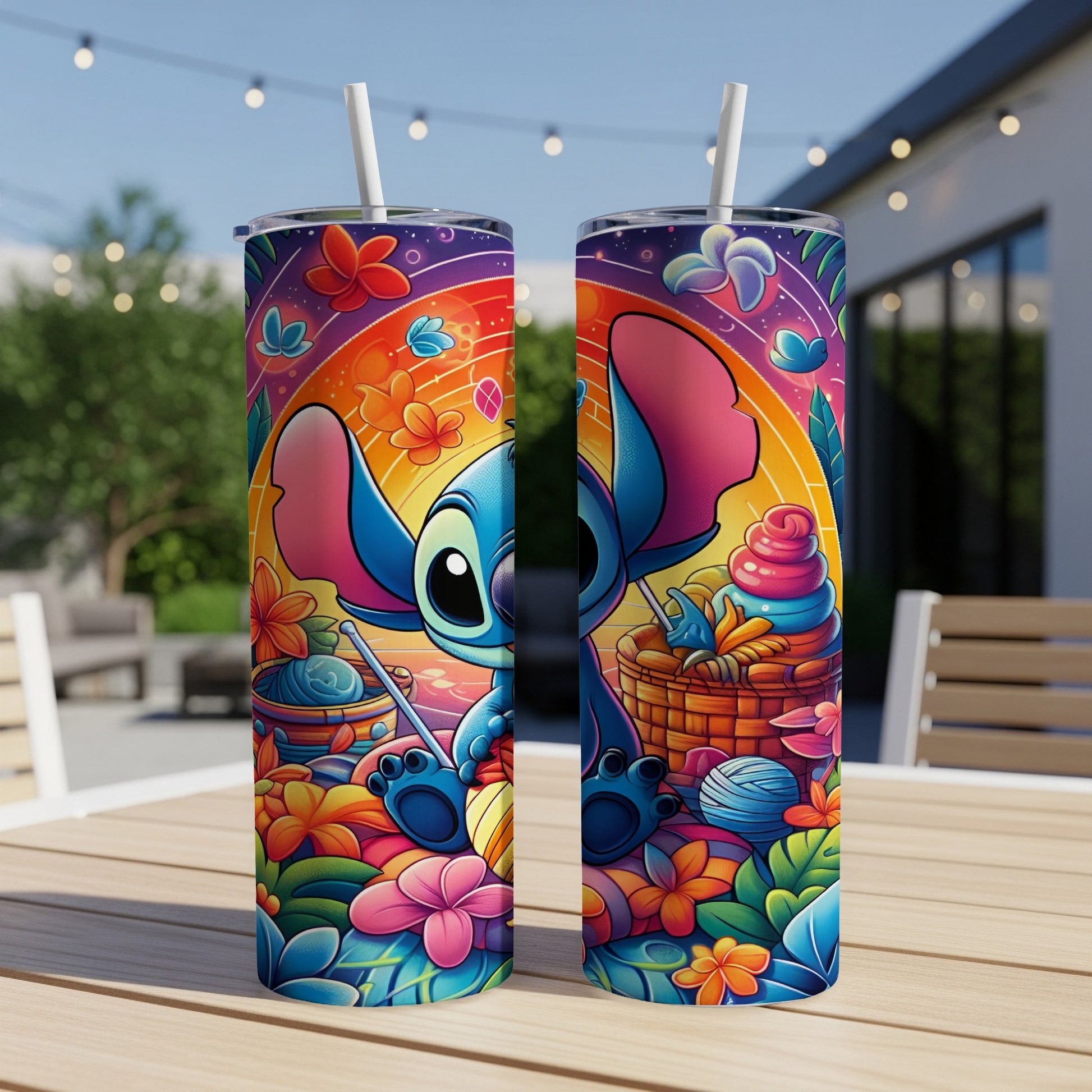 Stitch knitting with colorful yarn and flowers on a tall tumbler.