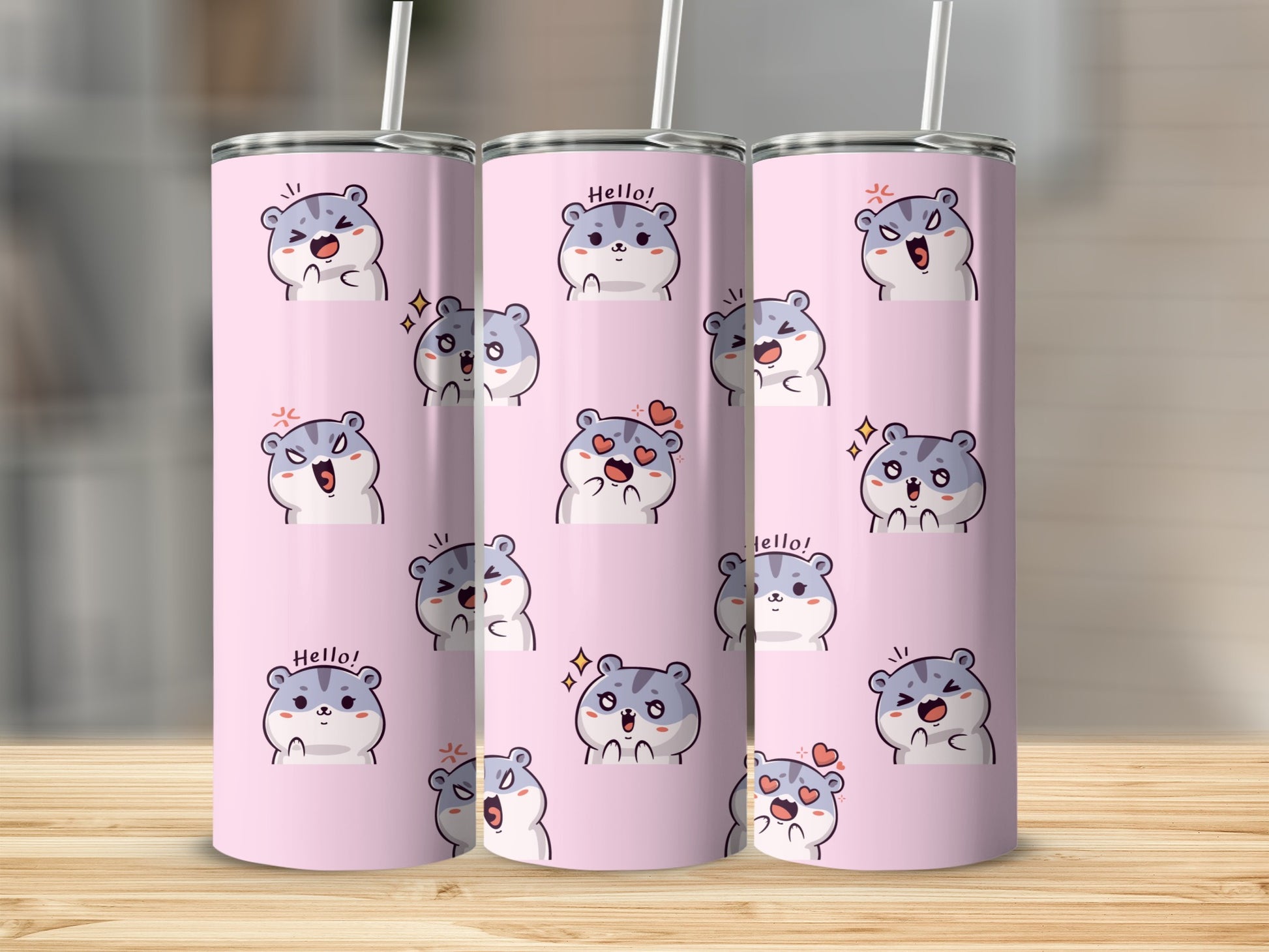 Pink tumbler with cartoon hamster characters expressing various emotions.