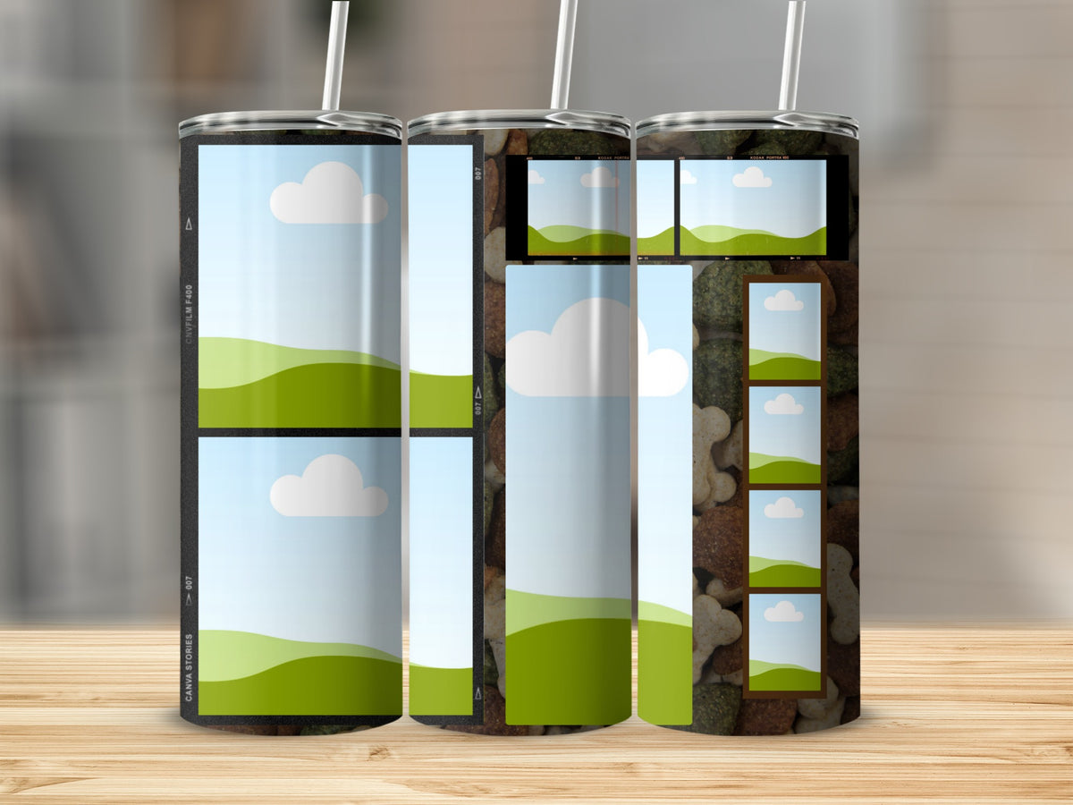Tumbler with film strip design and dog bone pattern.