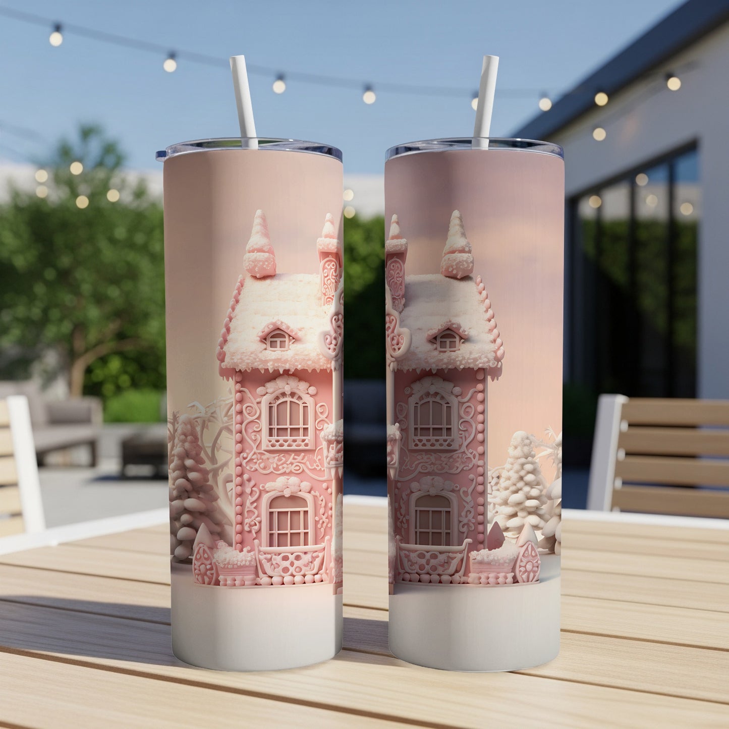 Two pastel pink gingerbread houses with intricate icing details on a table.
