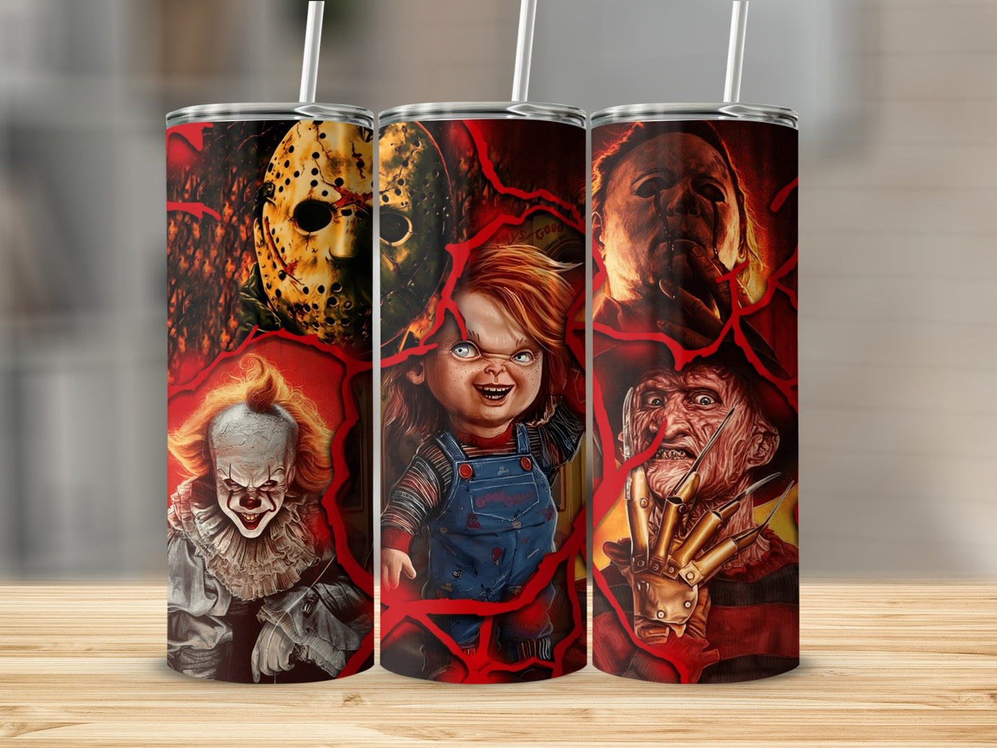 Horror movie villains: Jason Voorhees, Pennywise, Chucky, Michael Myers, and Freddy Krueger.