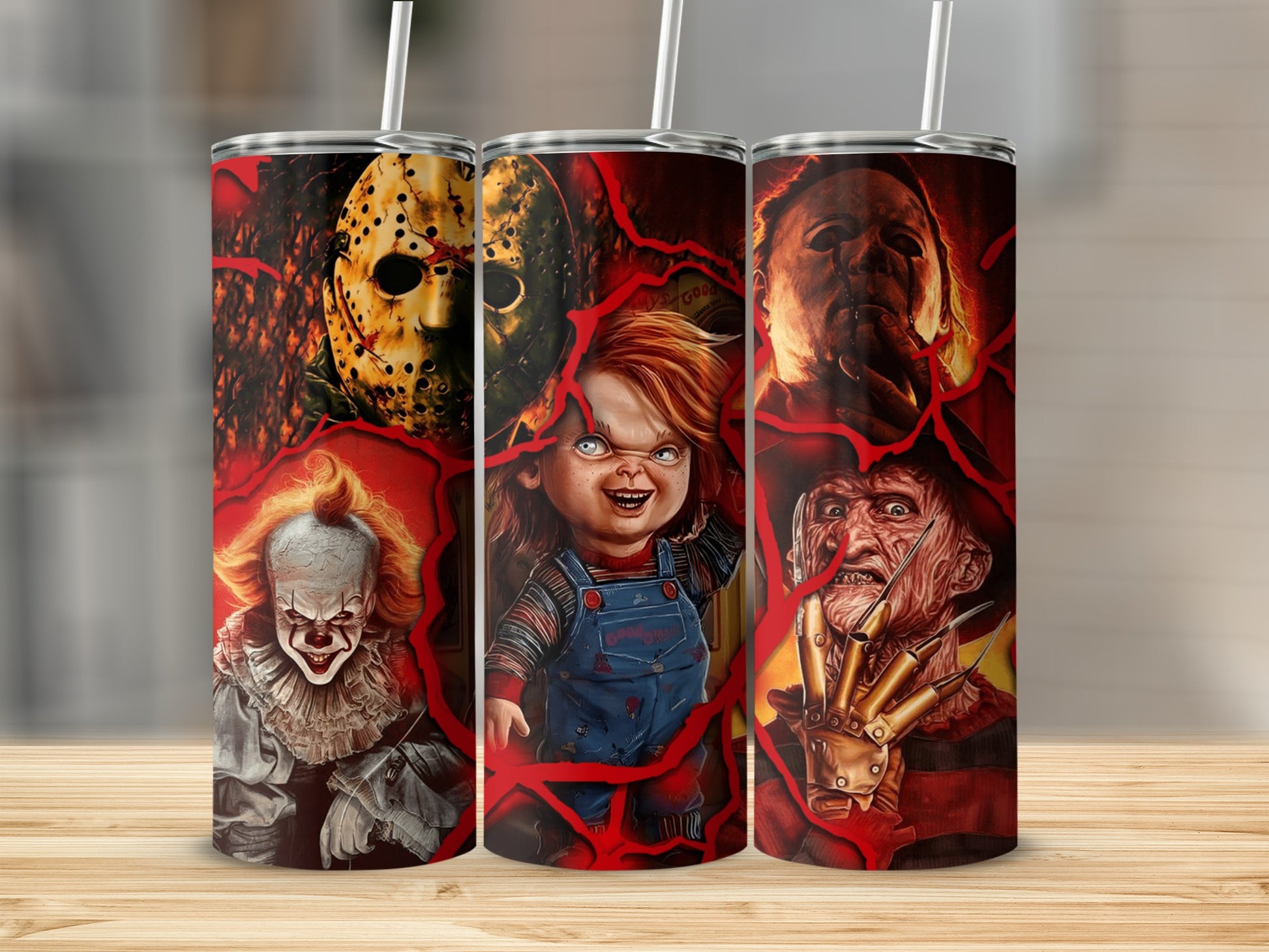 Horror movie villains: Jason Voorhees, Pennywise, Chucky, Michael Myers, and Freddy Krueger.