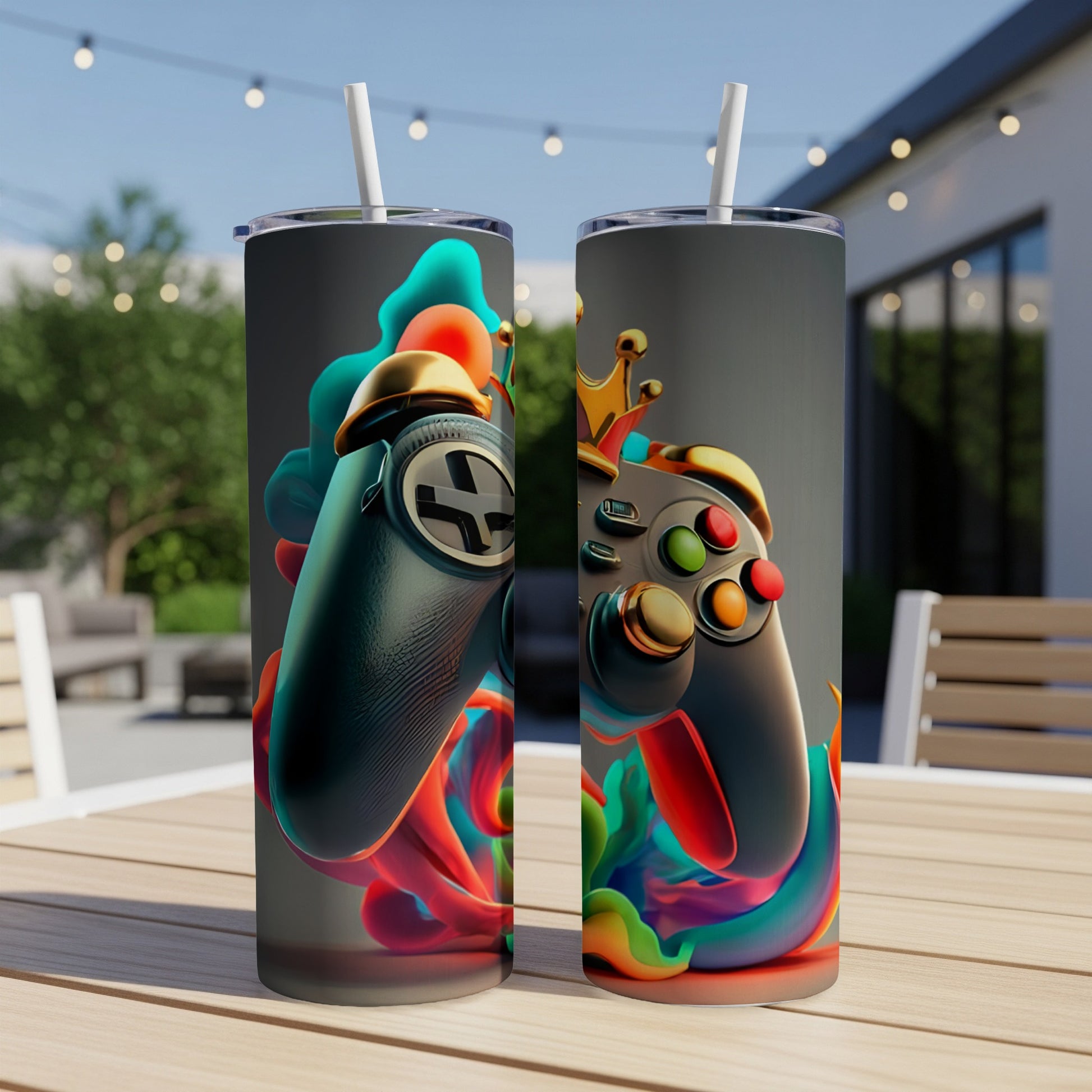 Two tall tumblers featuring a colorful, abstract gaming controller design.