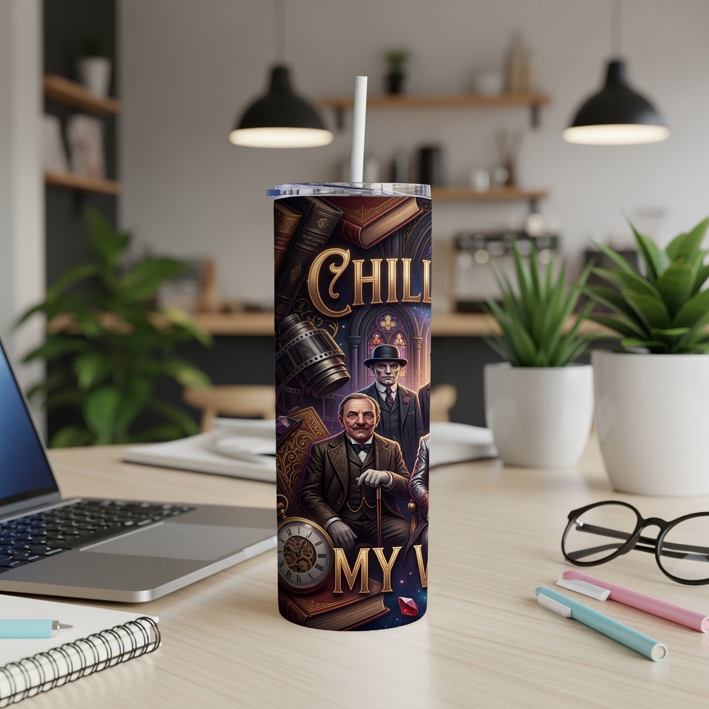 Tall tumbler with "Chilling My..." text, vintage detective illustrations, and a straw.