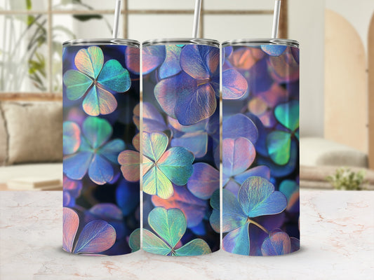 Three tumblers with iridescent clover patterns.