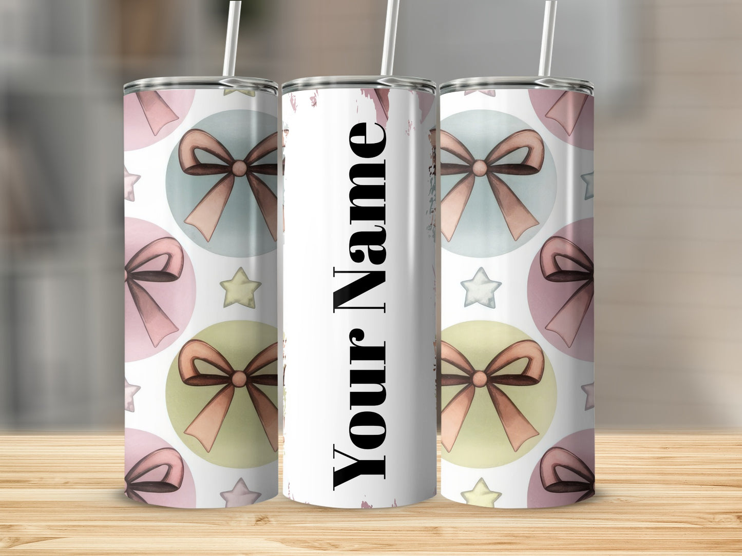 Customizable Cute Bow Design Tumbler with Stars Decor