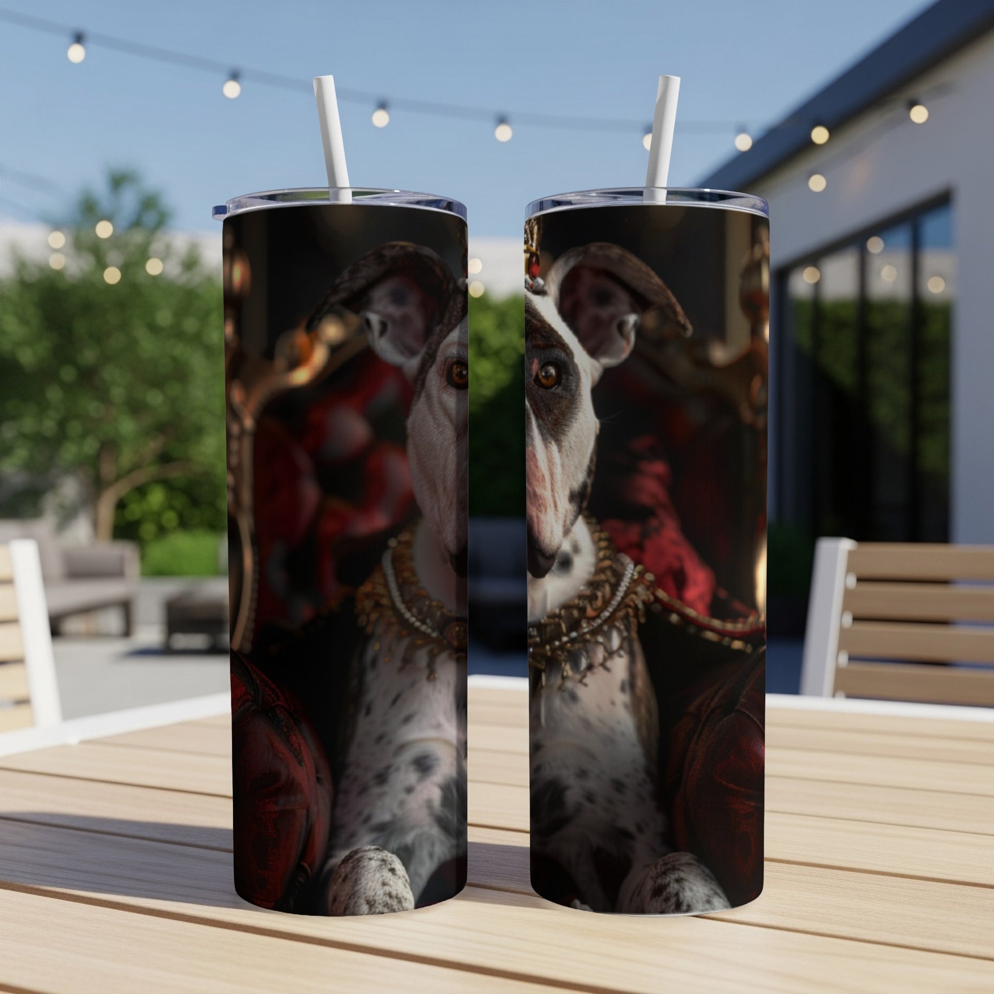 Greyhound wearing a jeweled collar and crown on a patterned tumbler.