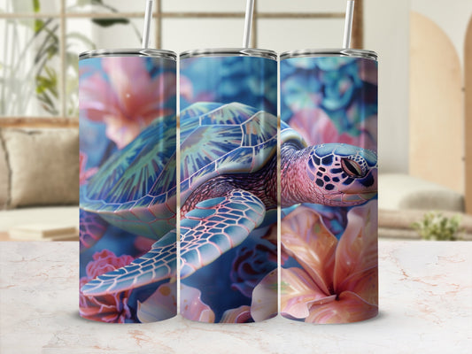 Three tumblers with a sea turtle and floral design.