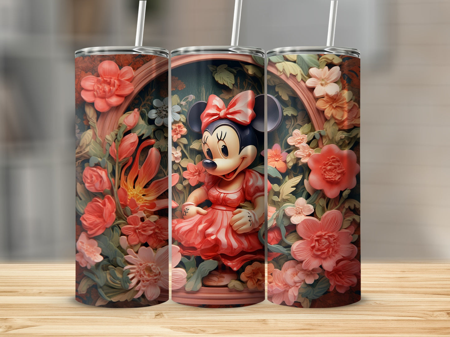 Floral Minnie Mouse Design Tumbler with Straw tumbler