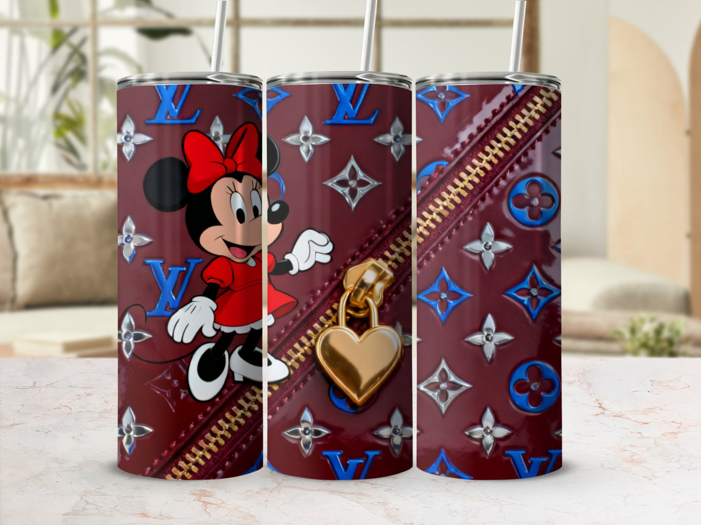 Mickey Mouse and LV monogram pattern on maroon tumbler with gold heart zipper detail.