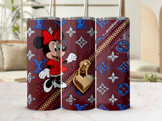 Mickey Mouse and LV monogram pattern on maroon tumbler with gold heart zipper detail.