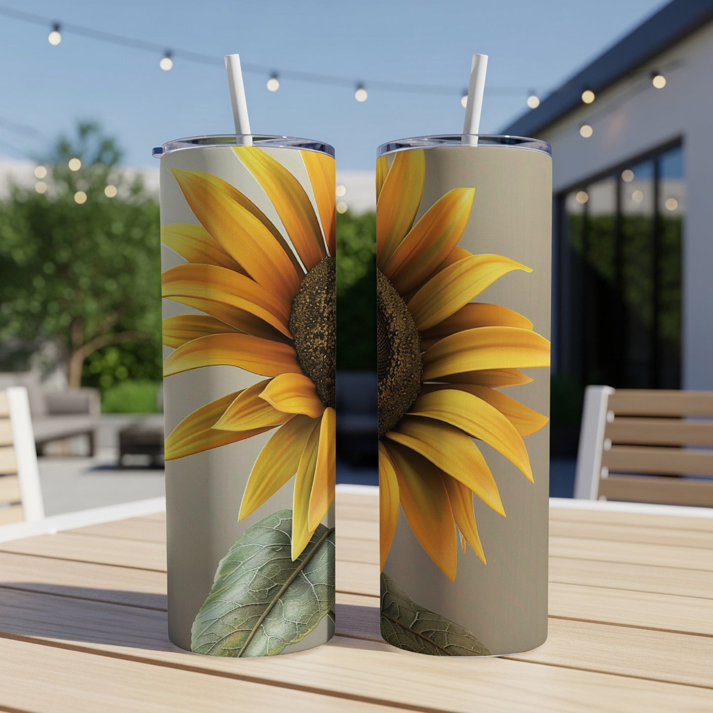 Two tall tumblers with a large sunflower design, on an outdoor table.
