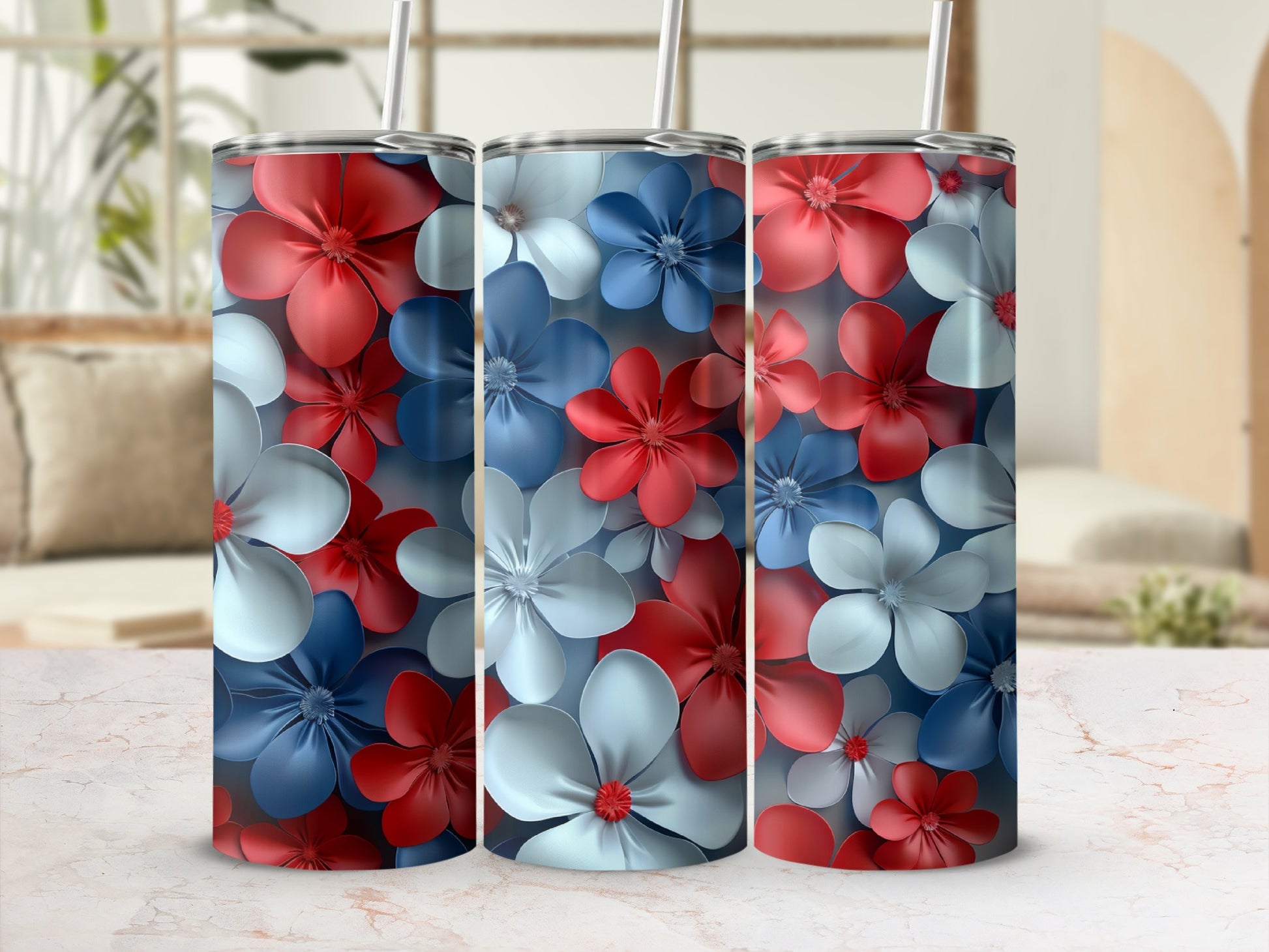 Three tumblers with a red, white, and blue floral pattern.