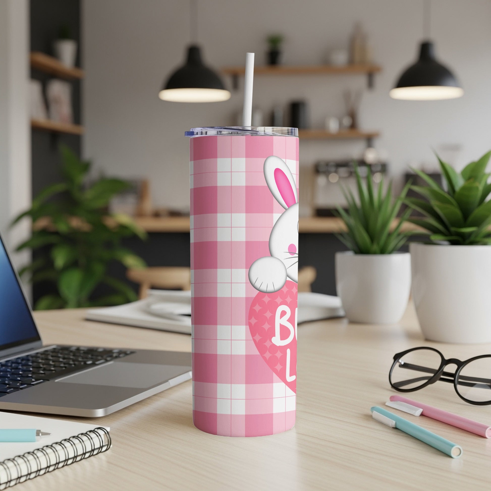 Pink gingham tumbler with bunny ears, heart, and "Bunny Love" text.