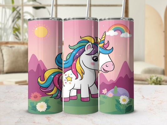 Triptych of colorful unicorn tumblers with rainbow and sun, stylized cartoon art.