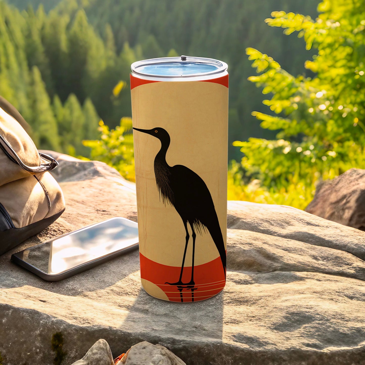 Stylish Black Heron Artwork Outdoor Scenery product type
Tumbler, Travel mug, Insulated cup, Black bird, Heron art, Wildlife design, Nature inspired, Outdoor theme, Silhouette bird, Beige pattern, Red accent, Drinkware, Beverage container, Artistic print, Graphic design, Camping mug, Hiking essential, Unique present, Outdoors, Bird illustration