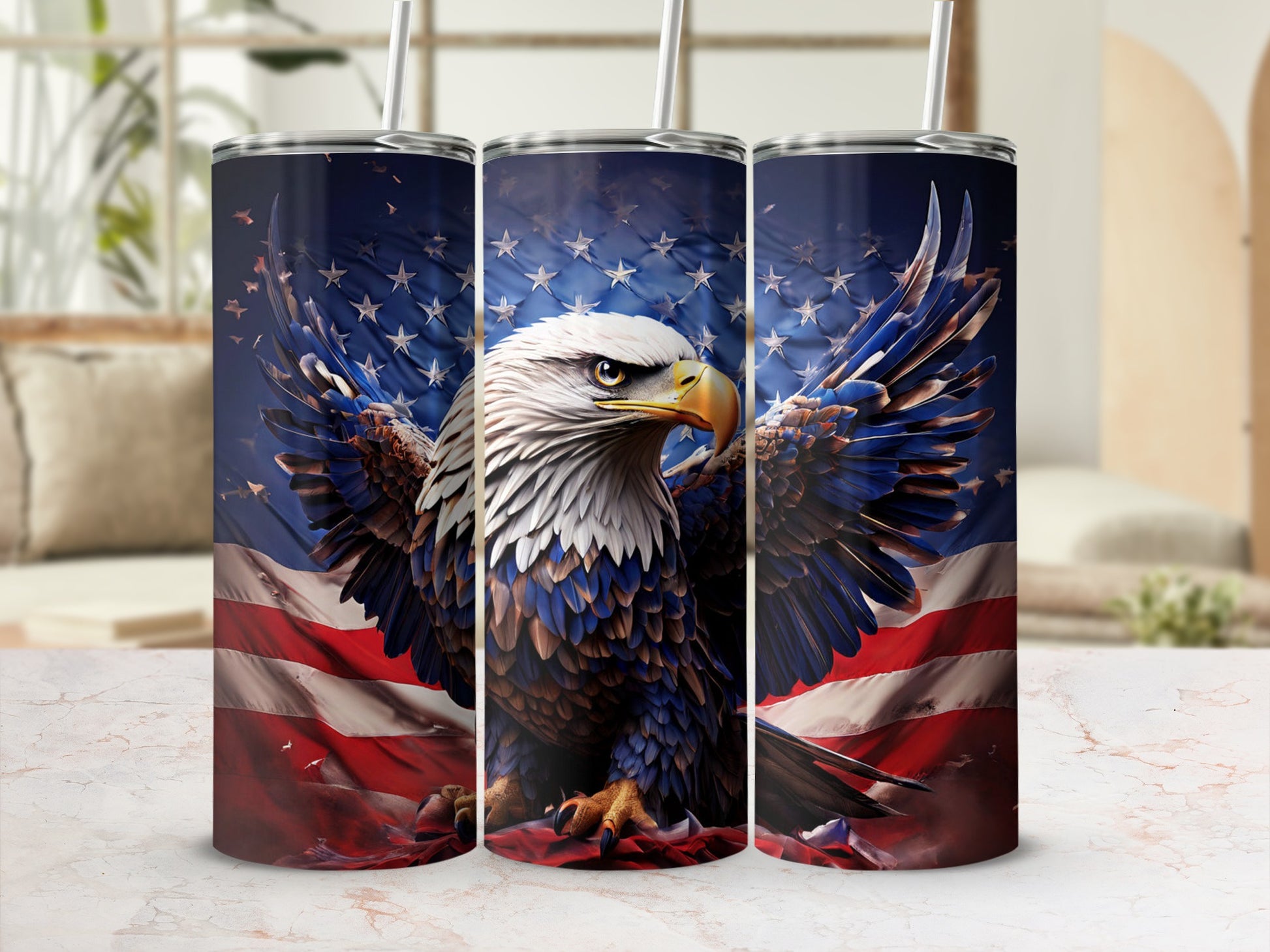 Eagle with American flag wings on a patriotic tumbler.