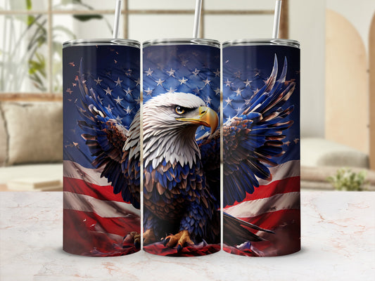 Eagle with American flag wings on a patriotic tumbler.
