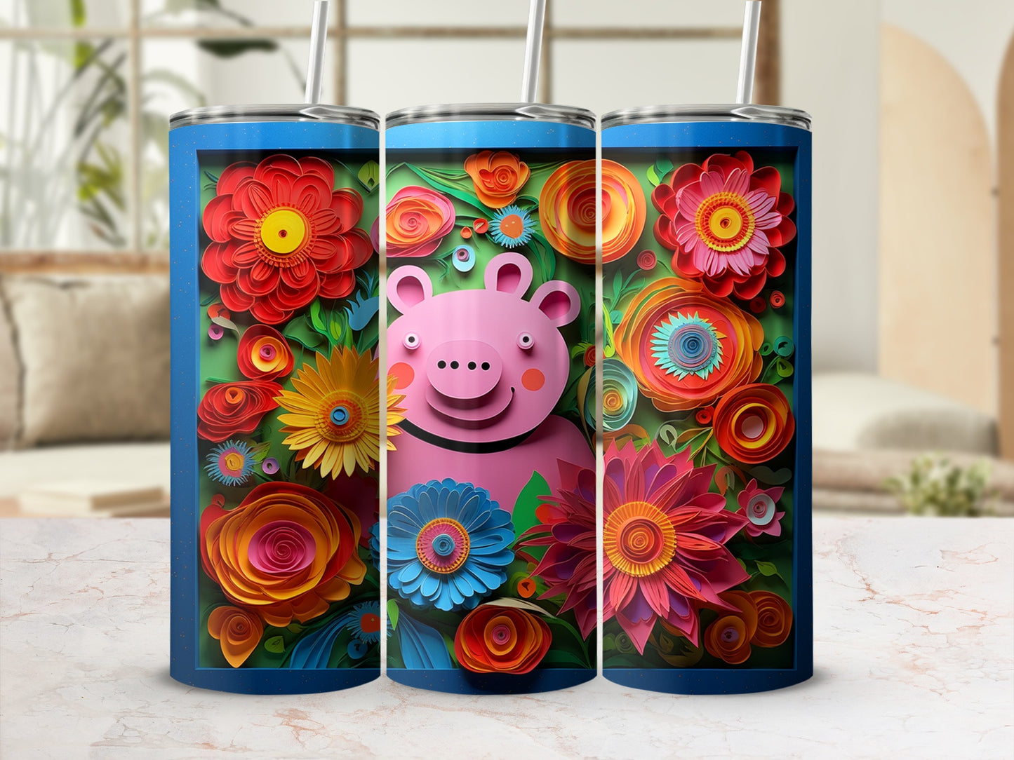 Colorful Floral and Pig Design Double-Wall Tumbler