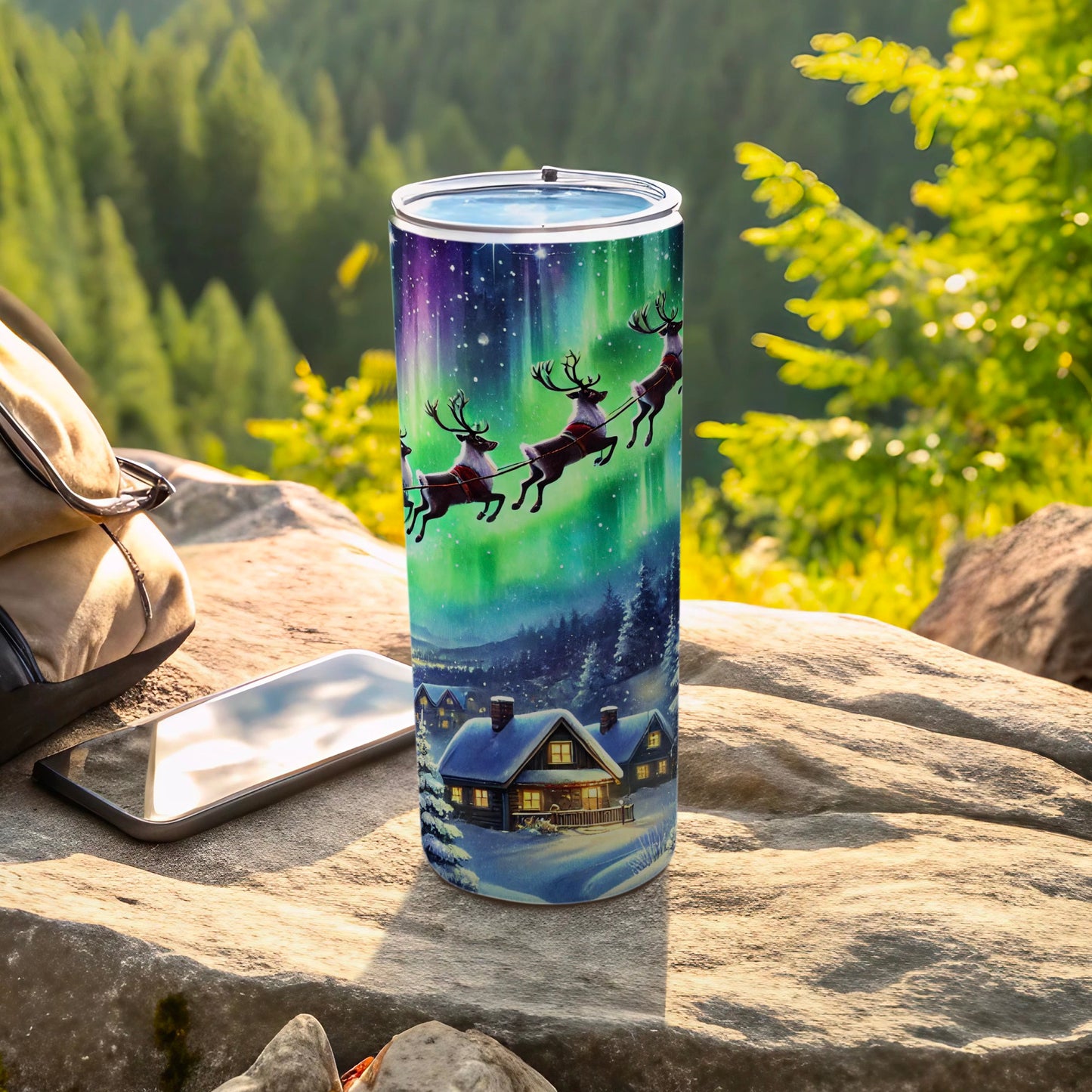 Santa Reindeer Northern Lights Tumbler Holiday Gift