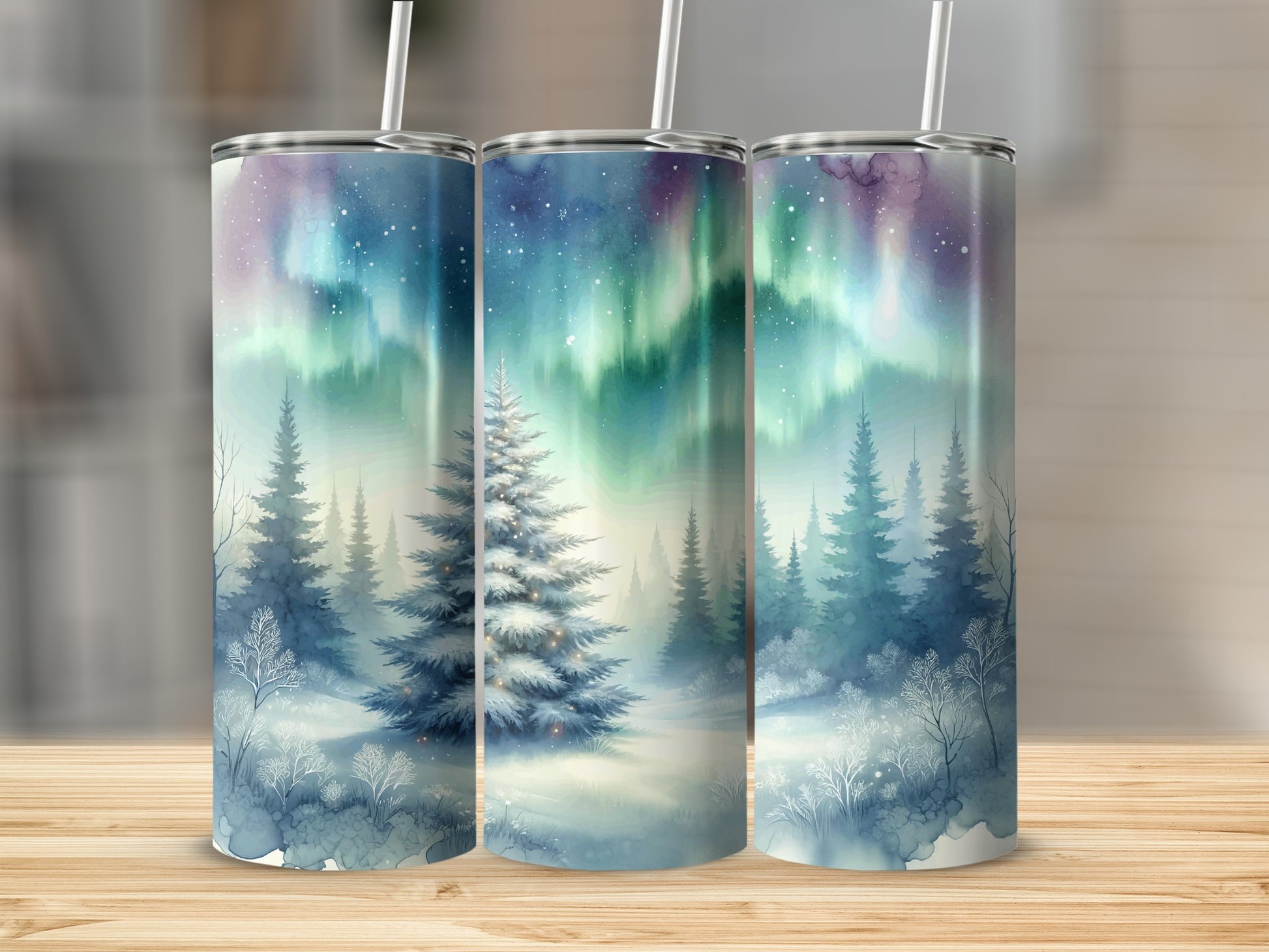 Northern Lights Winter Forest Scene Tumbler