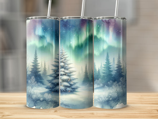 Northern Lights Winter Forest Scene Tumbler