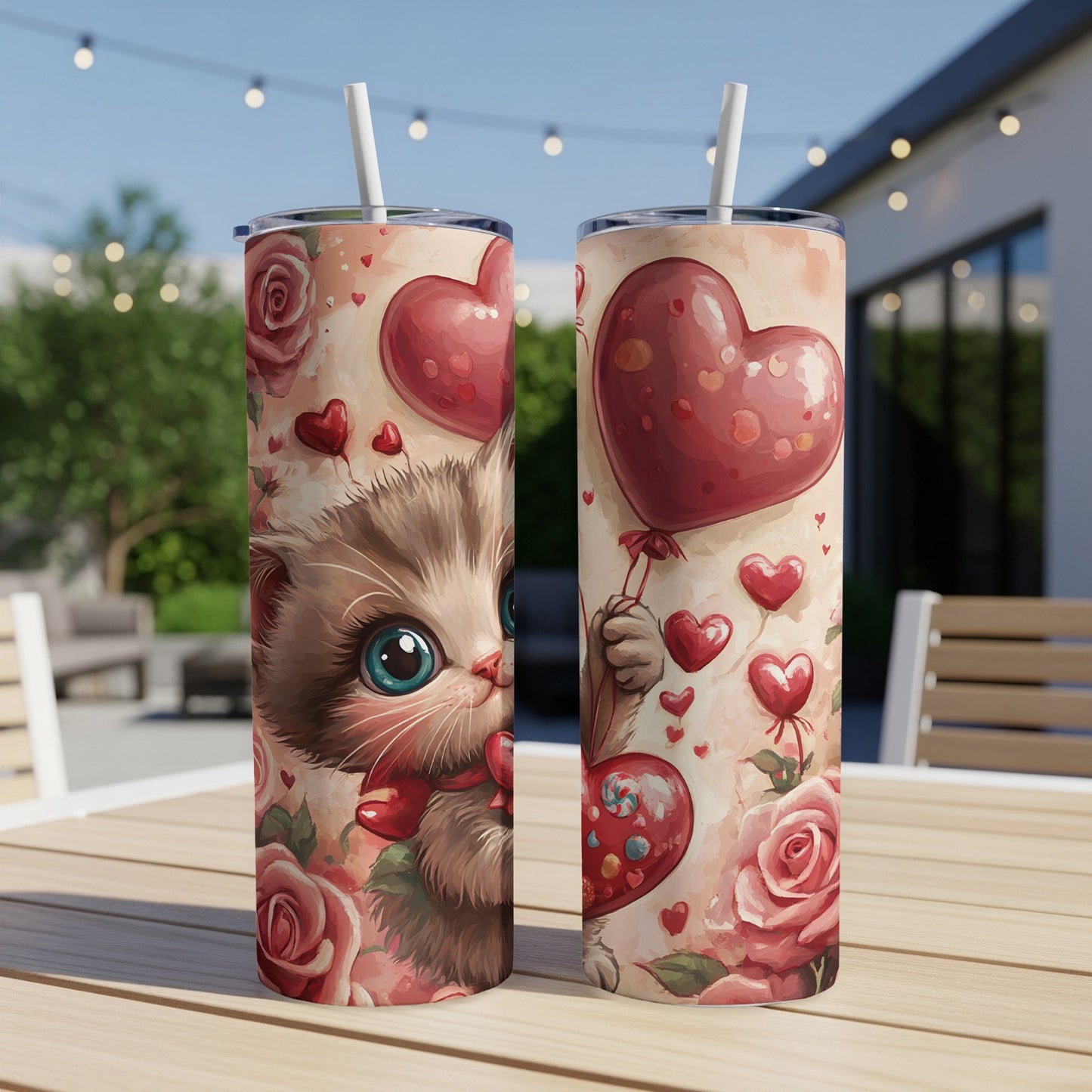 Two tumblers with cute cat and heart designs, outdoors.
