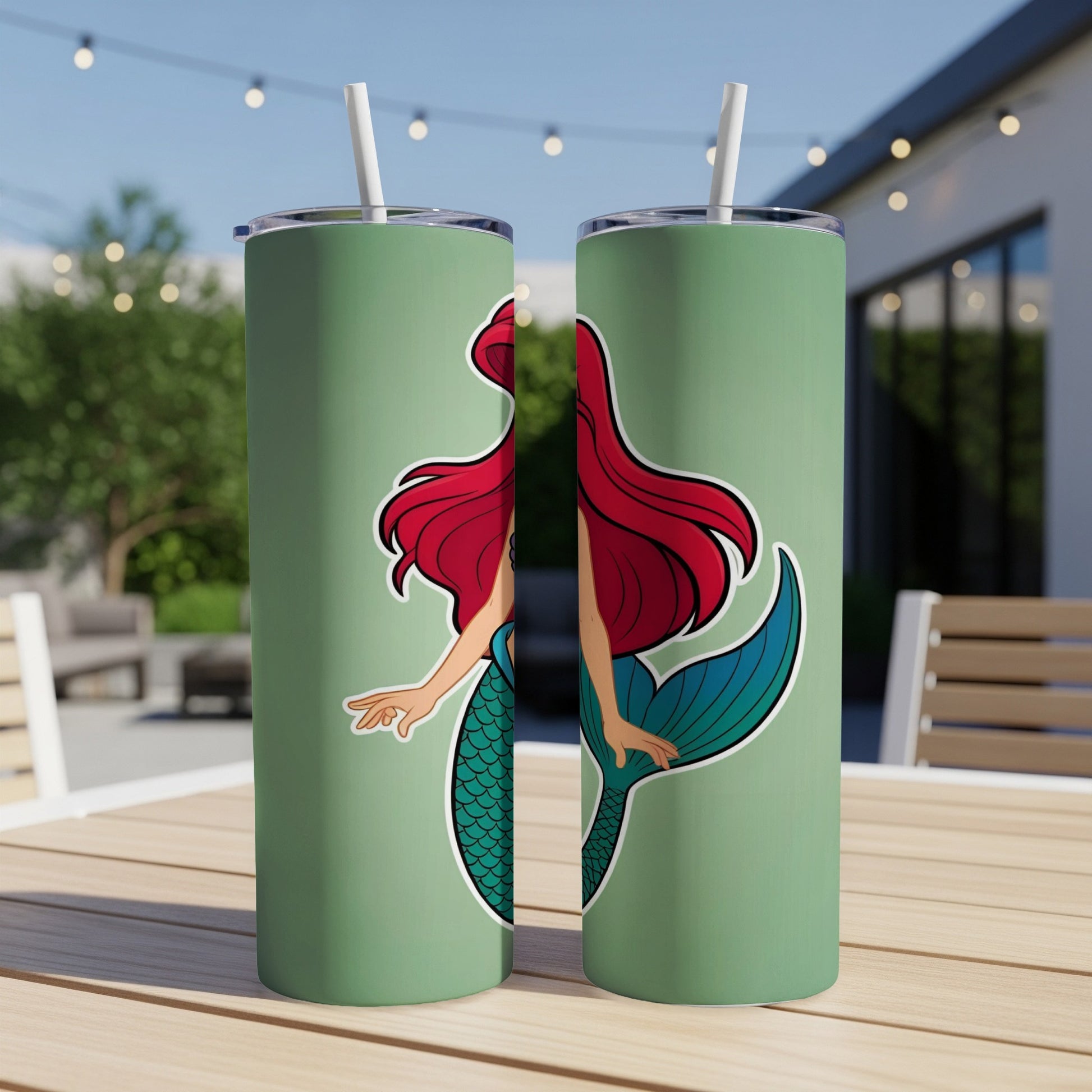 Two green tumblers featuring Ariel the Little Mermaid.