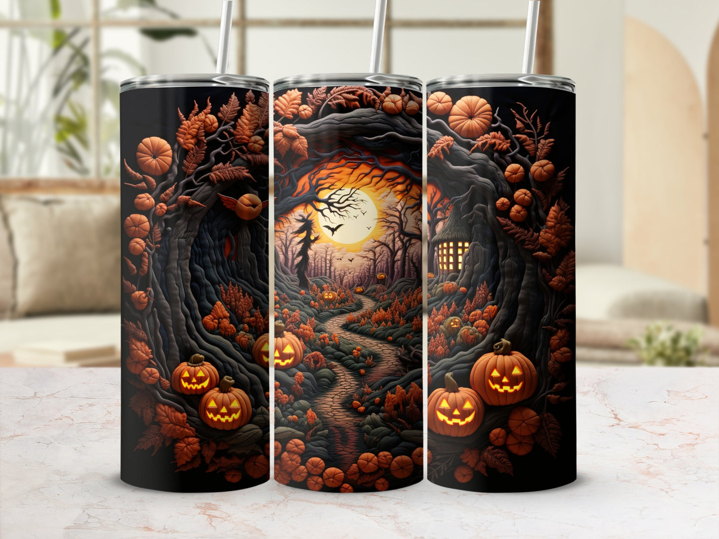 Three tumblers featuring a dark, spooky Halloween forest scene with pumpkins.