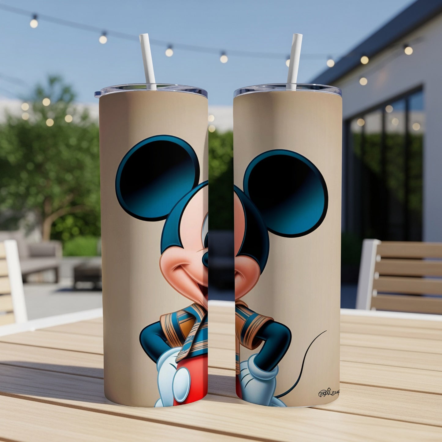 Mickey Mouse character design on a beige tumbler with straw.