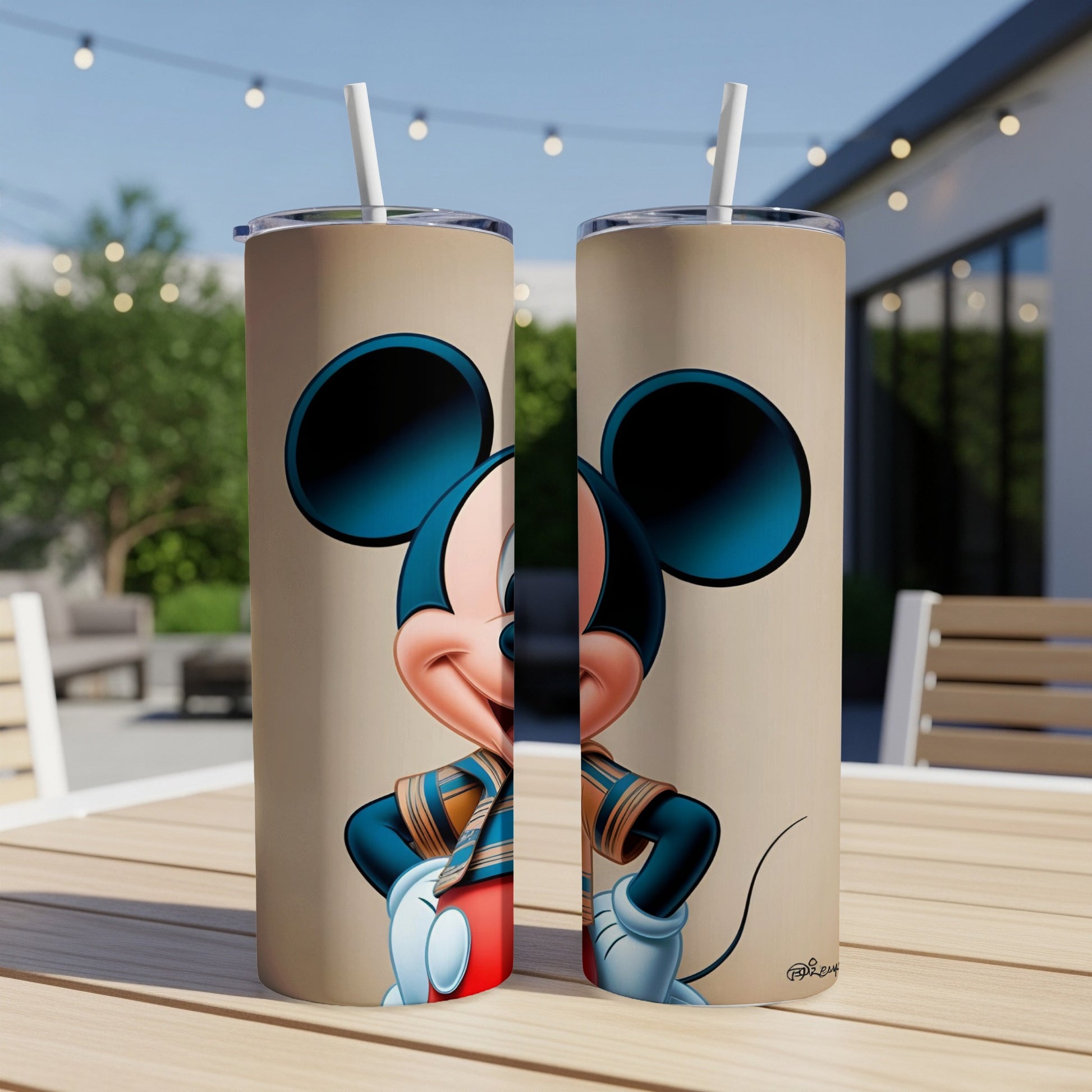 Mickey Mouse character design on a beige tumbler with straw.
