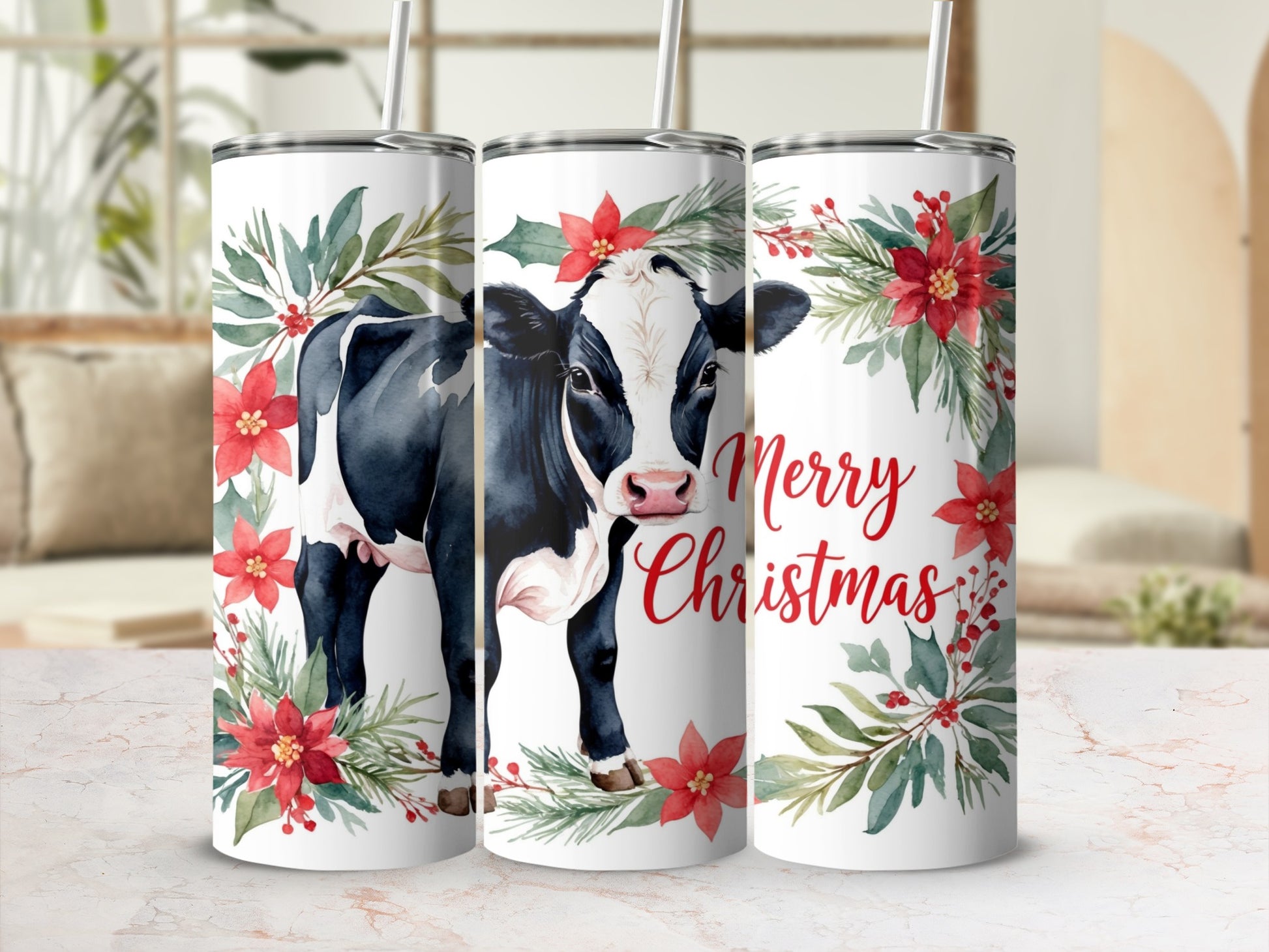Black and white cow with poinsettias and "Merry Christmas" text on a tumbler.
