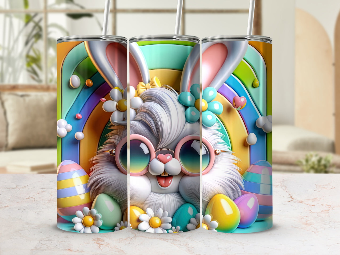 Colorful Easter bunny with sunglasses and pastel eggs, rainbow background.