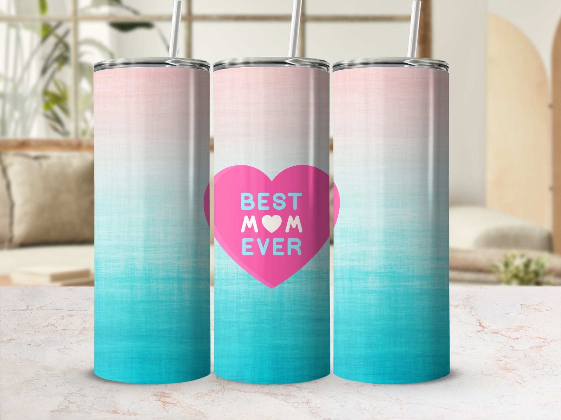 Pink and teal ombre tumbler with "BEST MOM EVER" heart design.