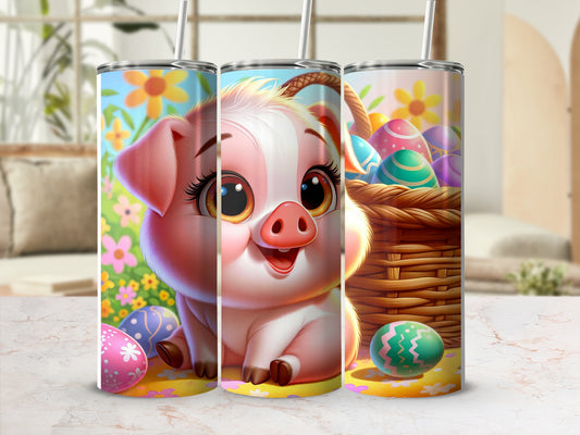 Cute piglet and Easter eggs in a basket, with floral background.