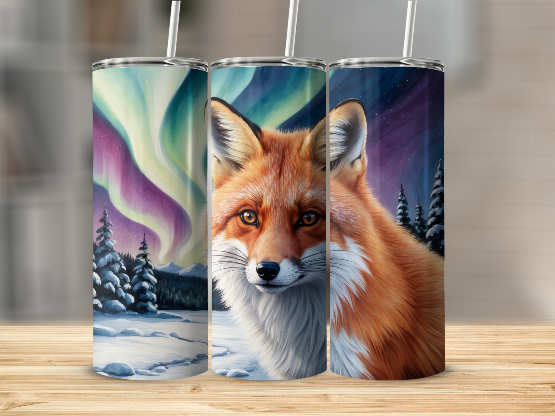 Fox in snowy landscape under aurora borealis on three tumblers.