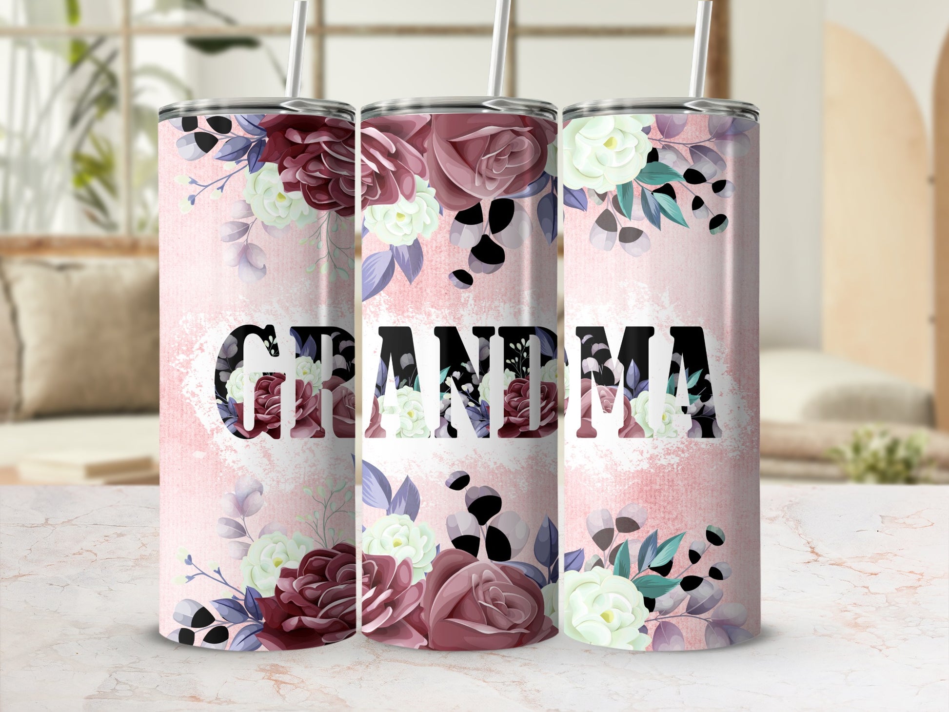 Pink floral tumbler with "Grandma" text and subtle distressed background.