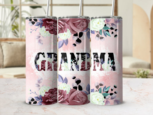 Pink floral tumbler with "Grandma" text and subtle distressed background.