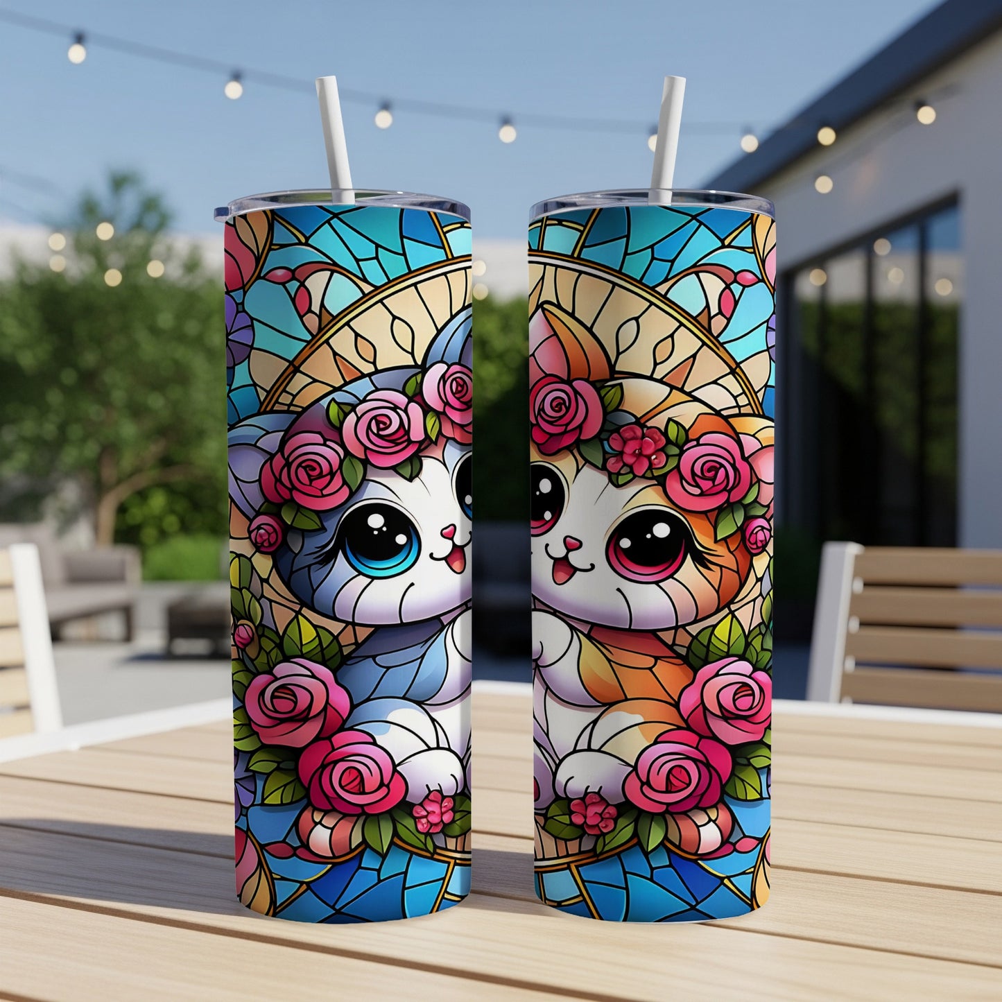 Two tumblers featuring stained glass cats with floral crowns, outdoors.