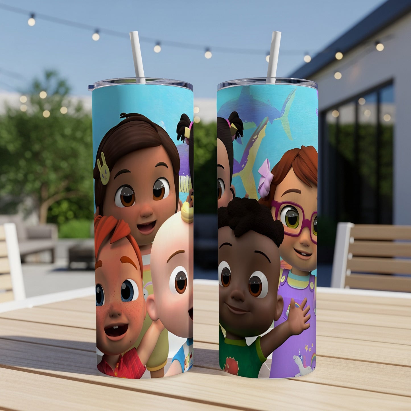 Cocomelon characters JJ, Cody, and Nina on a blue and green patterned tumbler.